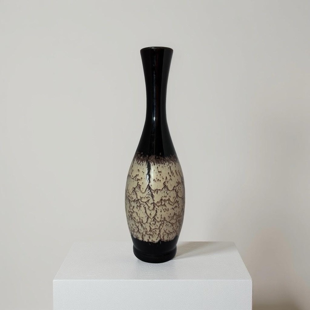 Vintage Haeger Lava Glaze Vase Black Brown Beige Textured Art Deco Mid-Century